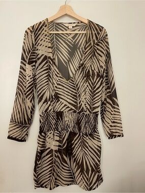 Accessorize Tropical leaf print mini dress cover up Brown & Cream Size Small
